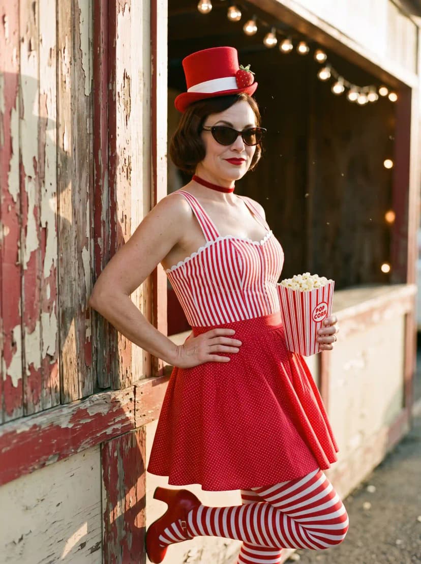 Red Striped Bustier Top + Red Polka Dot Skirt