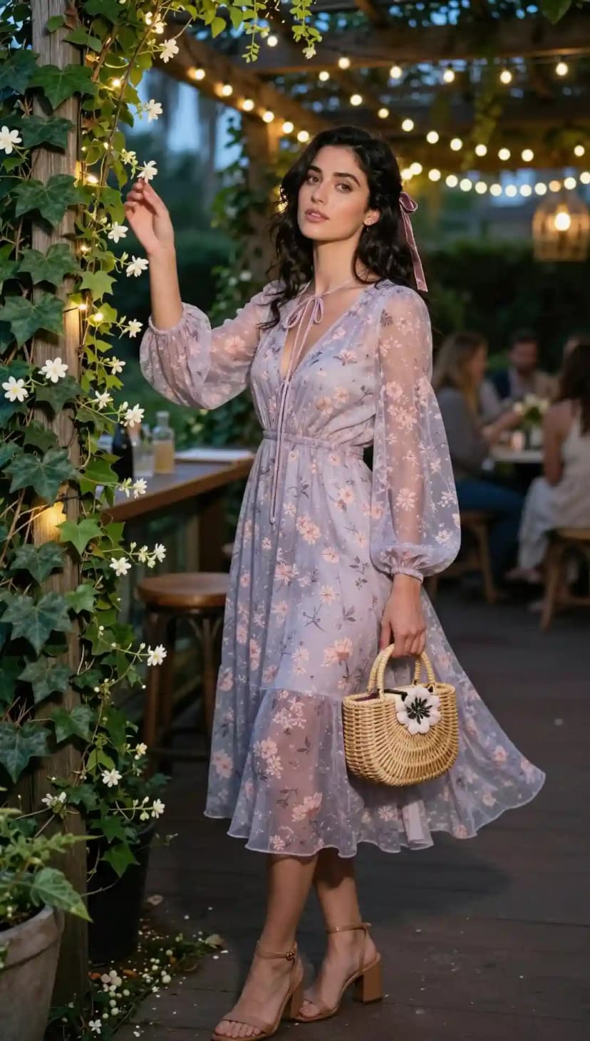 Lavender Floral Print Dress + Woven Bag + Strappy Heels