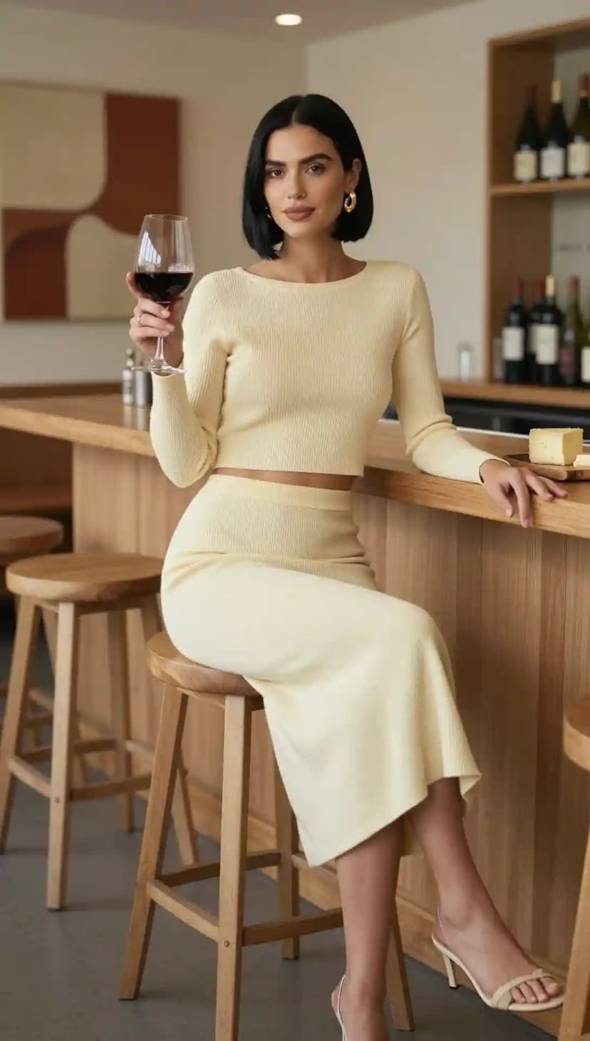Cream Ribbed Knit Crop Top + Cream Ribbed Knit Midi Skirt
