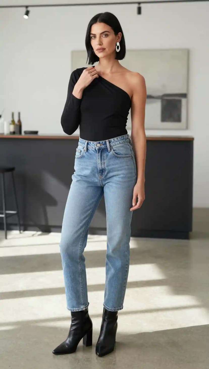 Black One-Shoulder Top + Light Wash Straight Leg Jeans + Black Heeled Boots