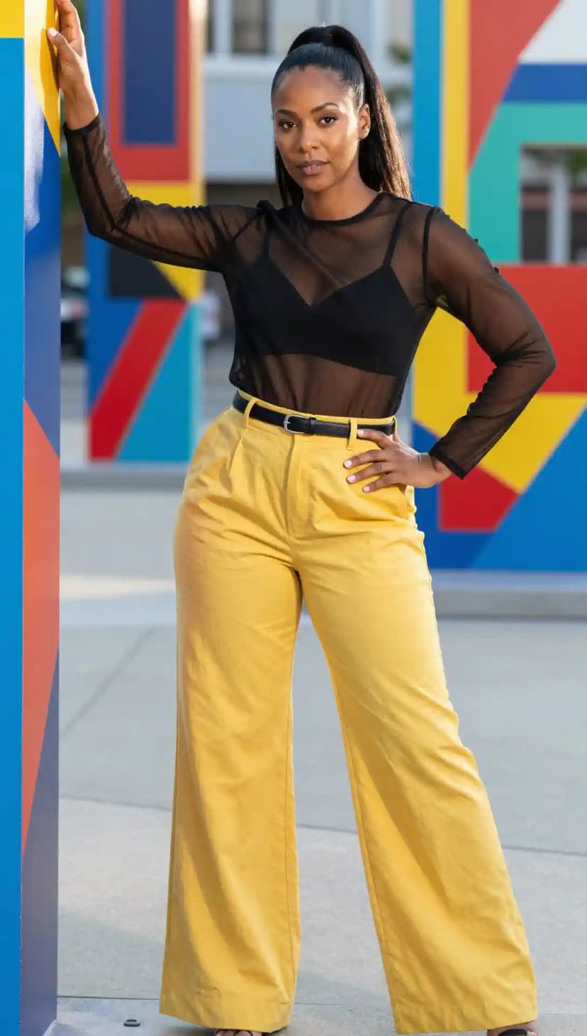 Black Mesh Top + Yellow Wide-Leg Pants + Black Belt