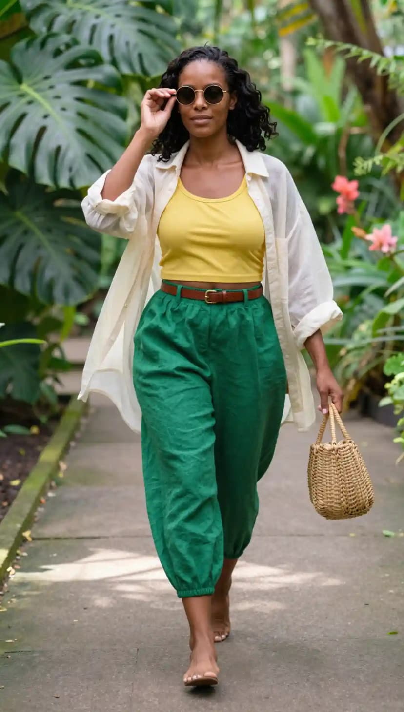Yellow Tank Top + White Linen Shirt + Green Linen Pants