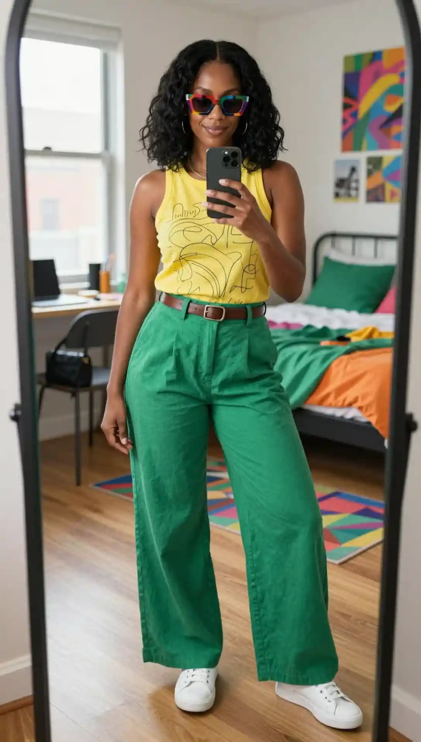 Yellow Graphic Tank Top + Green Wide-Leg Trousers + Brown Belt + White Sneakers + Rainbow Sunglasses