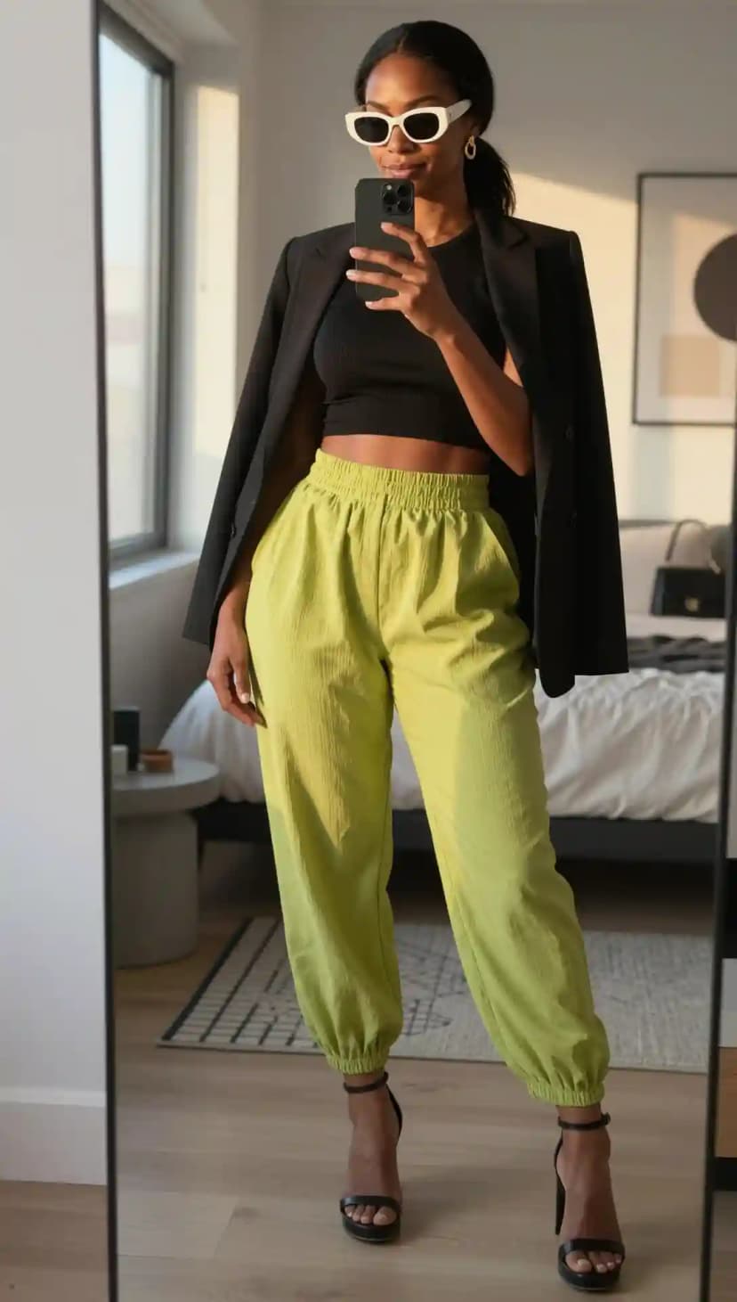 Black Ribbed Crop Top + Lime Green Joggers + Black Blazer