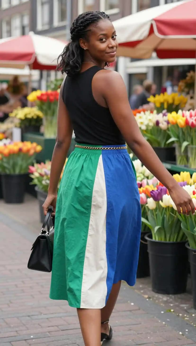 Black Tank Top + Colorblock Midi Skirt + Gold Chain Belt