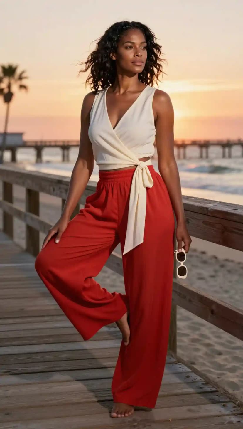 Cream Wrap Crop Top + Rust Wide-Leg Pants