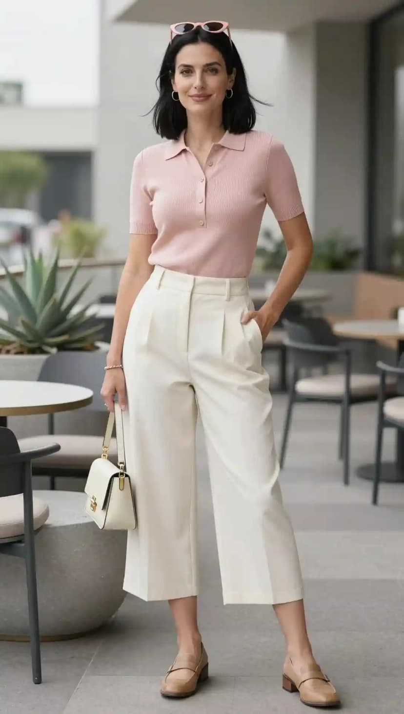 Pink Knit Polo Shirt + Cream Wide-Leg Cropped Trousers