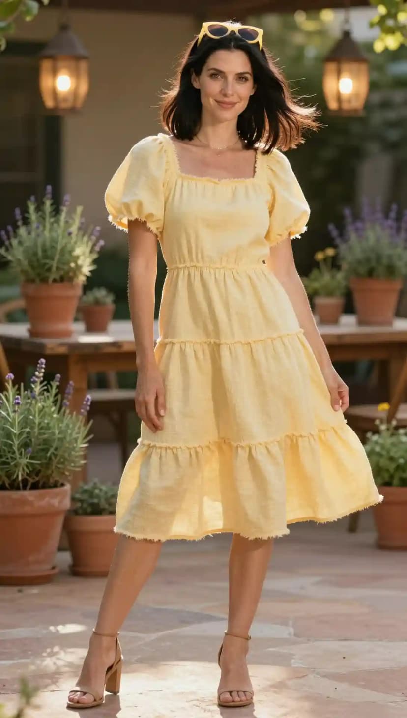 Yellow Tiered Sundress + Tan Block Heels + Yellow Sunglasses