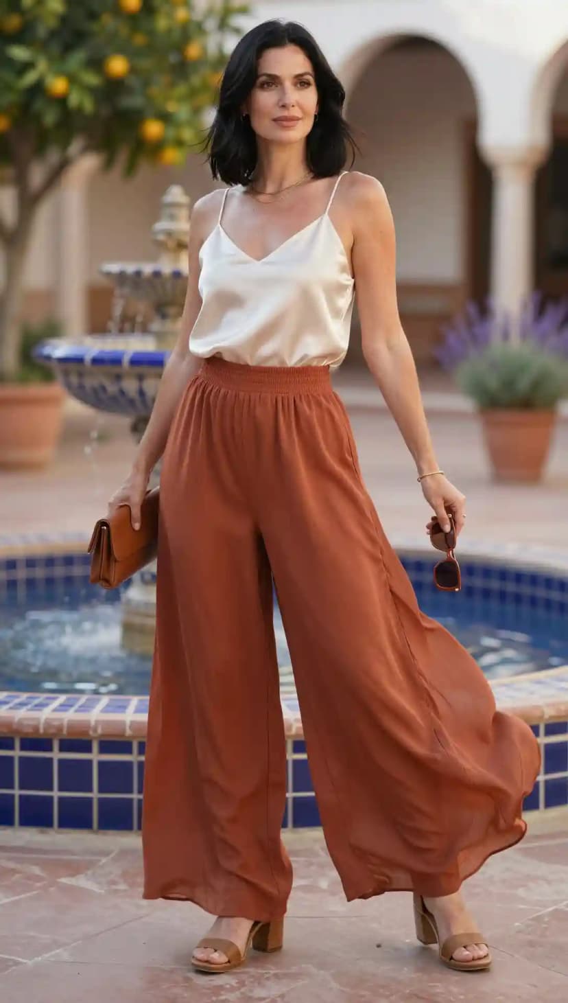 Cream Camisole + Terracotta Wide-Leg Pants
