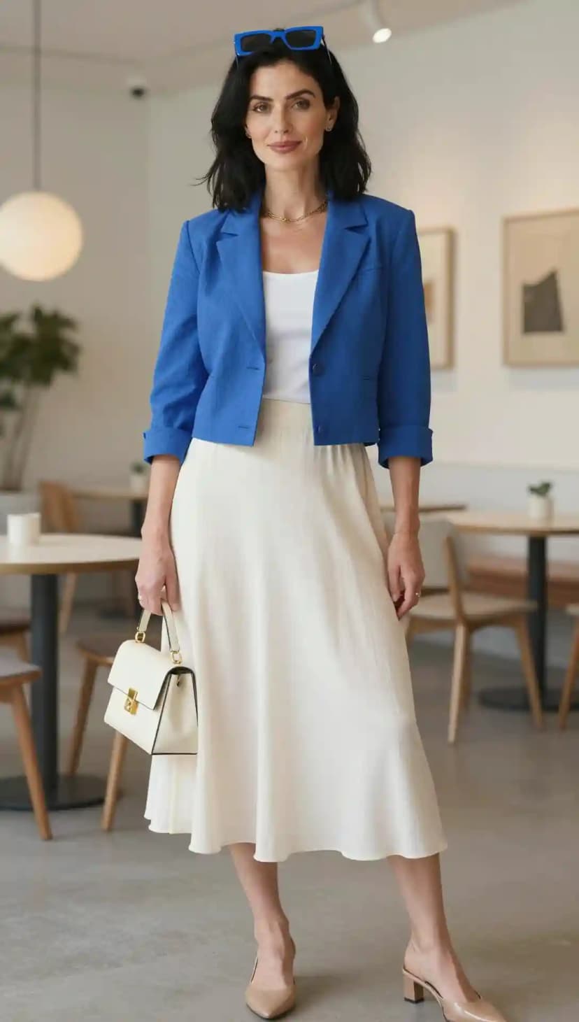 Royal Blue Cropped Blazer + Cream Flowy Skirt + White Tank Top