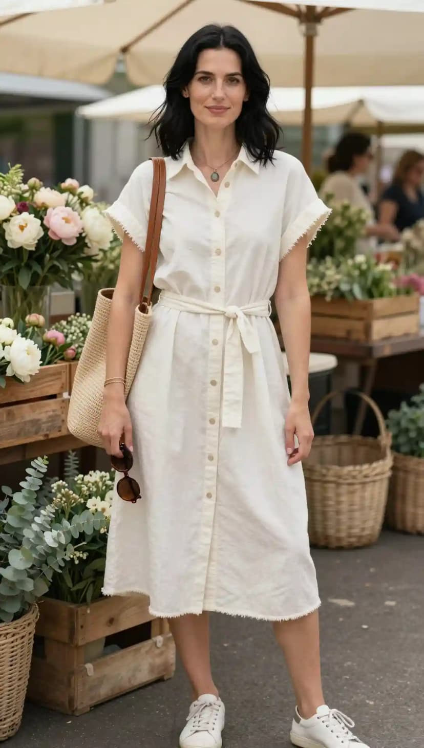 White Linen Button-Down Midi Dress + Woven Tote Bag + White Sneakers