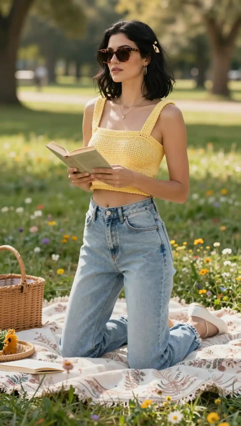 Yellow Chunky Crochet Crop + Light Wash Jeans