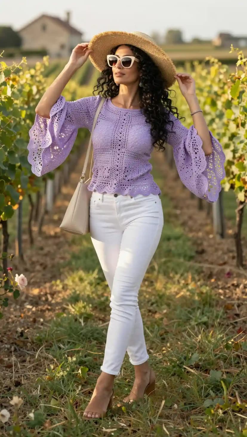 Lavender Bell-Sleeve Crochet Top + White Skinny Jeans