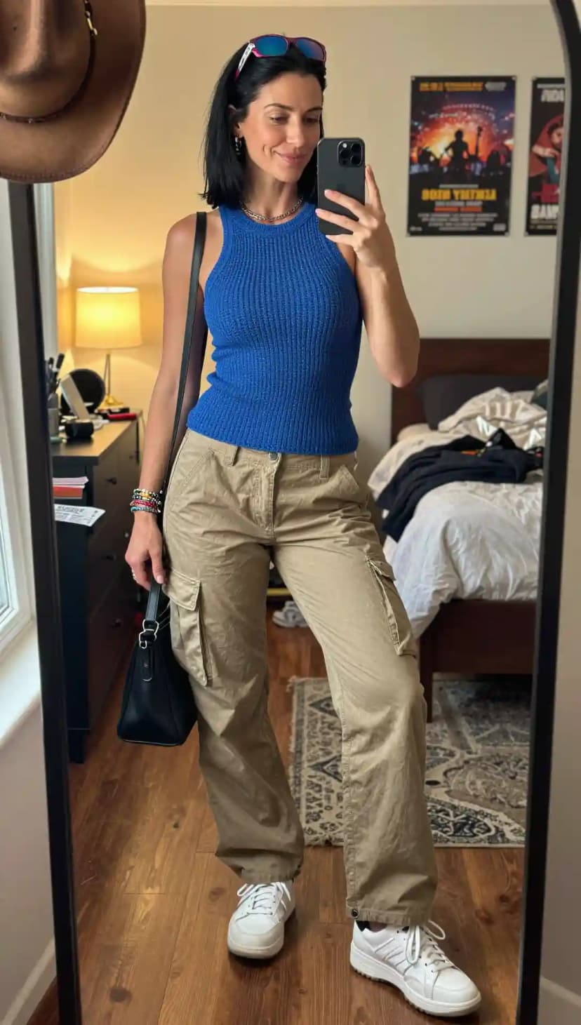 Blue Ribbed Knit Tank + Khaki Cargo Pants