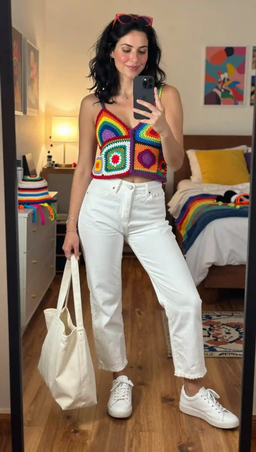 Rainbow Granny Square Halter Top + White Straight-Leg Jeans