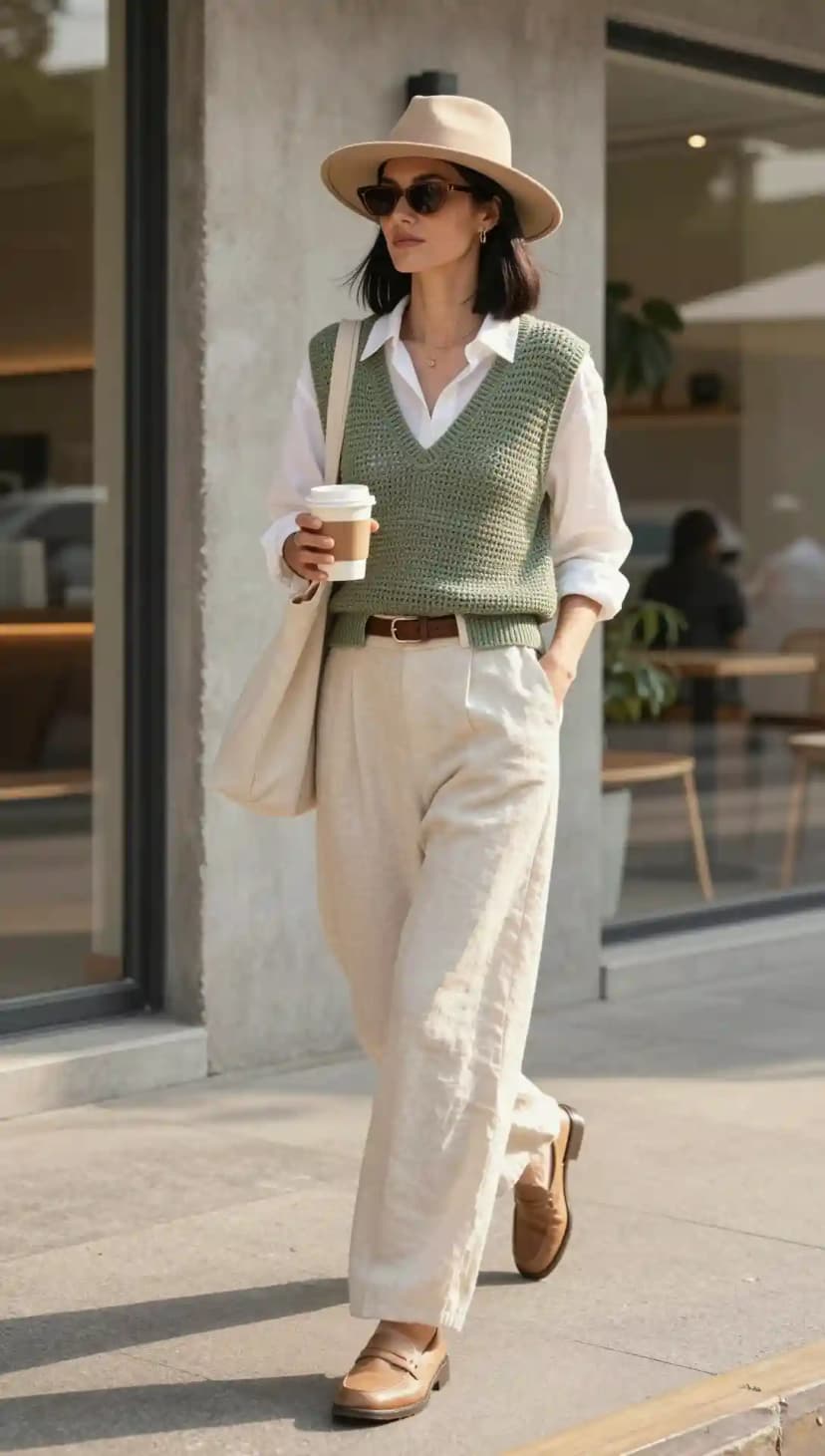 White Shirt + Sage Crochet Vest + Linen Pants