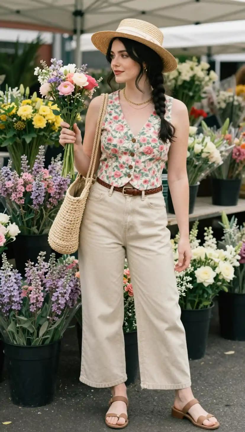 Floral Button-Up Vest + Beige Wide-Leg Cropped Pants + Straw Hat