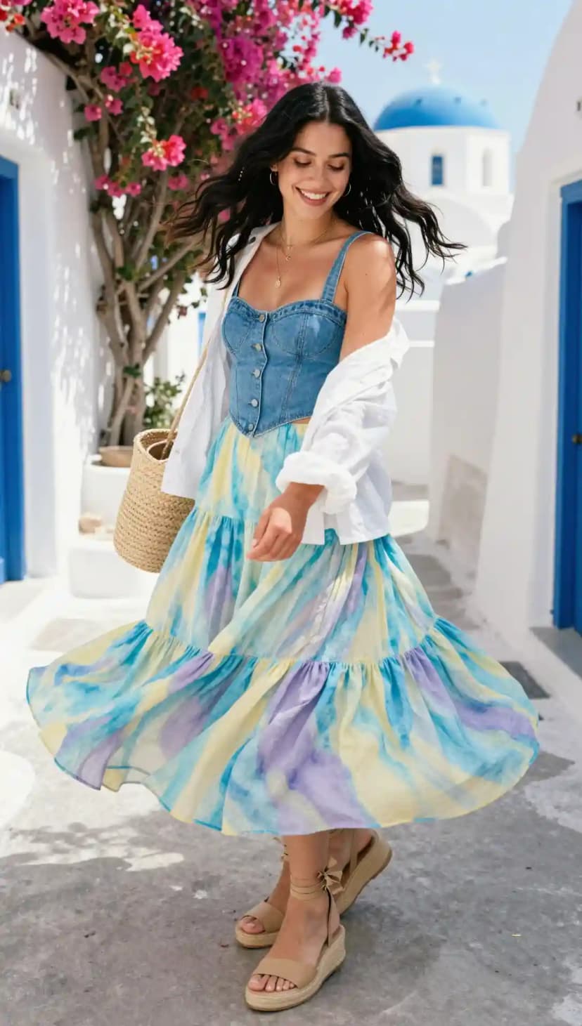 Denim Corset Top + Tiered Maxi Skirt + Espadrille Wedges