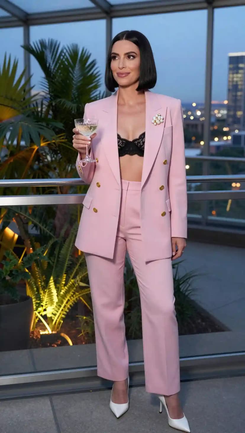 Pink Double-Breasted Blazer + Black Lace Bralette + Pink Tailored Trousers