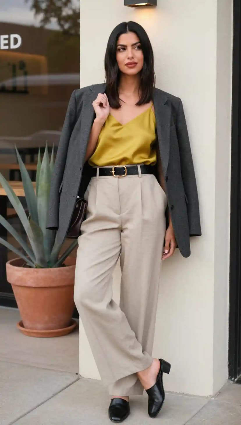 Mustard Yellow Camisole + Beige Wide-Leg Trousers + Charcoal Grey Blazer