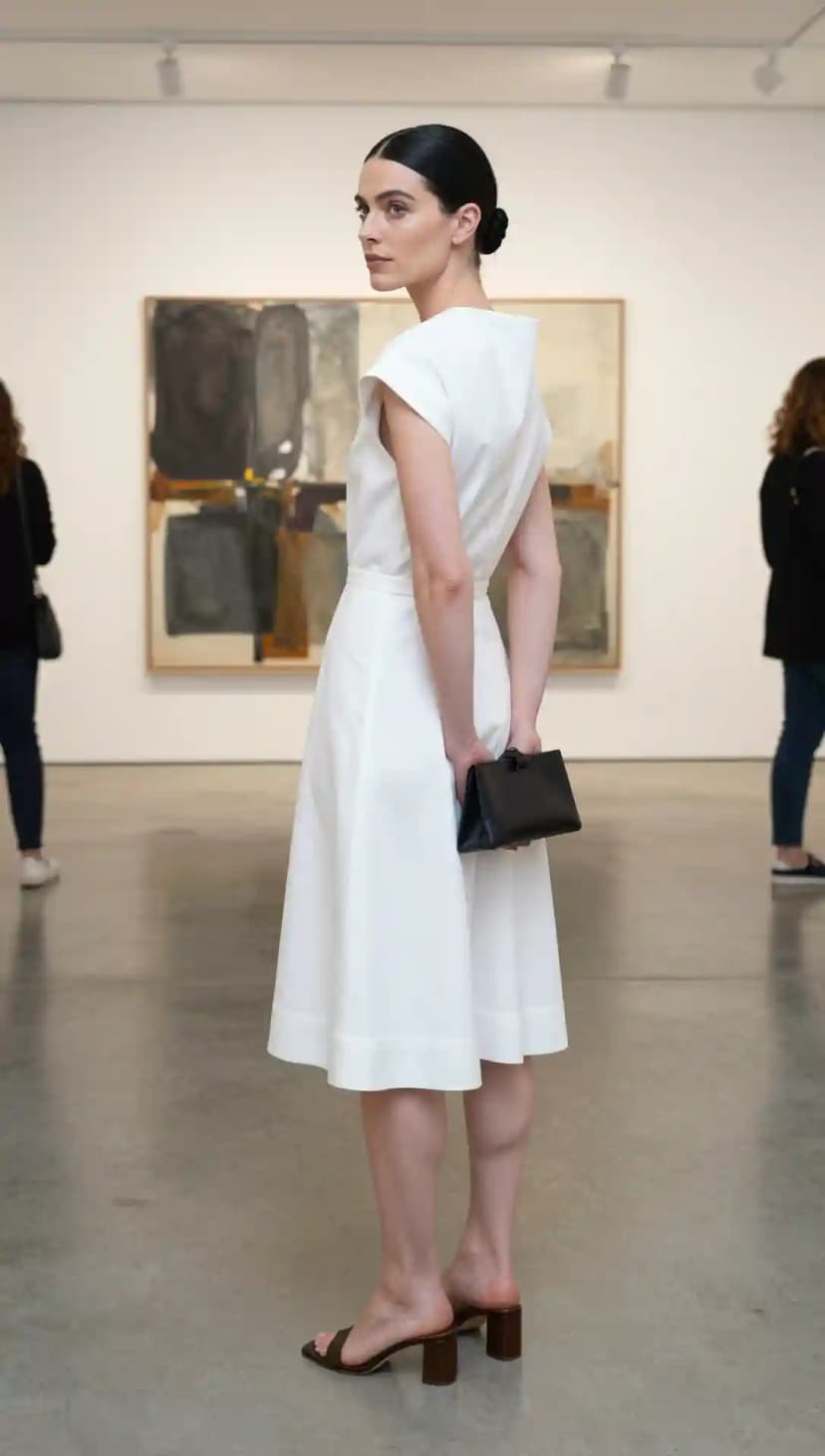 White Cap Sleeve Midi Dress + Black Clutch + Brown Block Heels