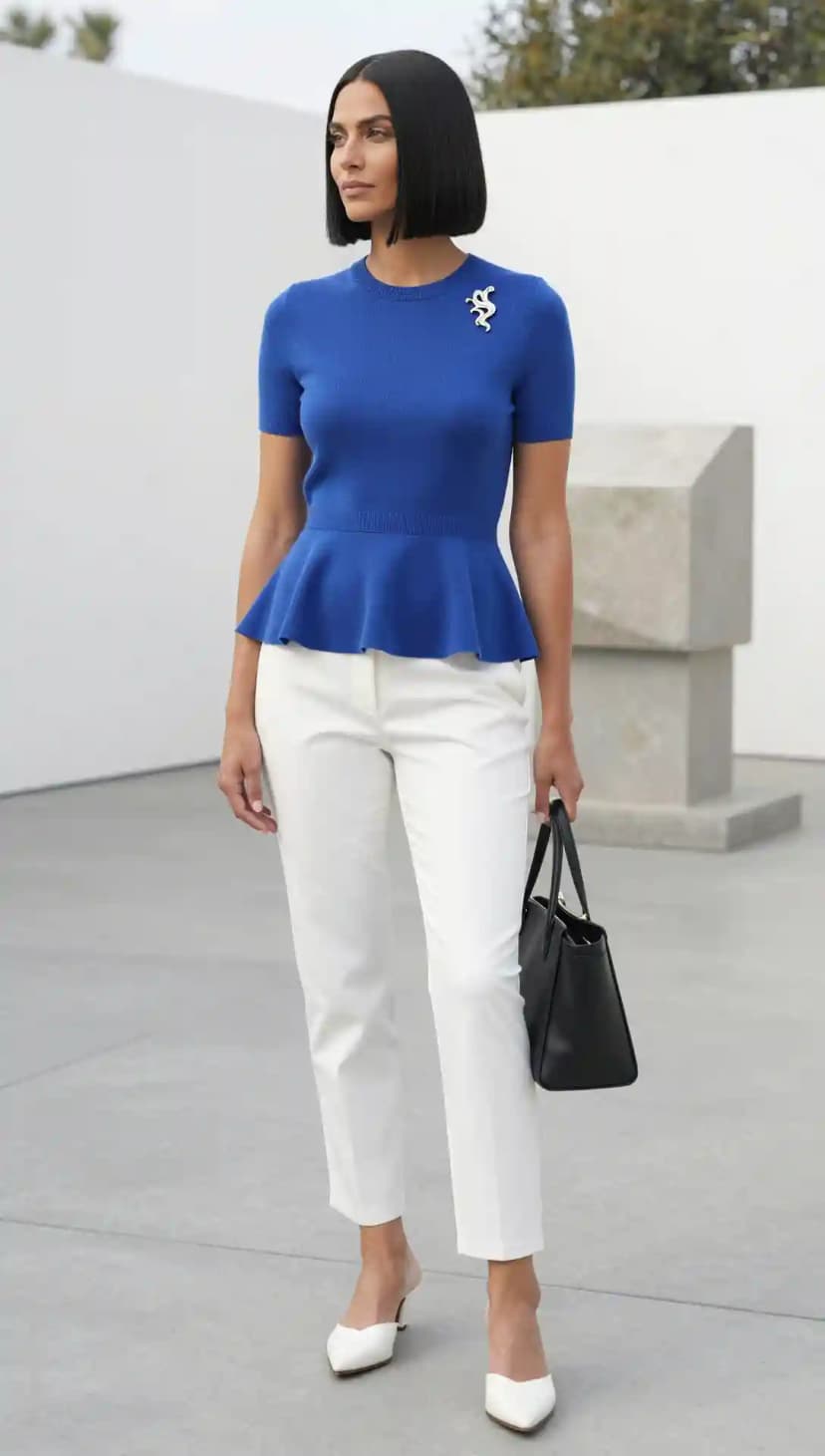 Royal Blue Peplum Knit Top + White Cropped Trousers + White Pointed Mules