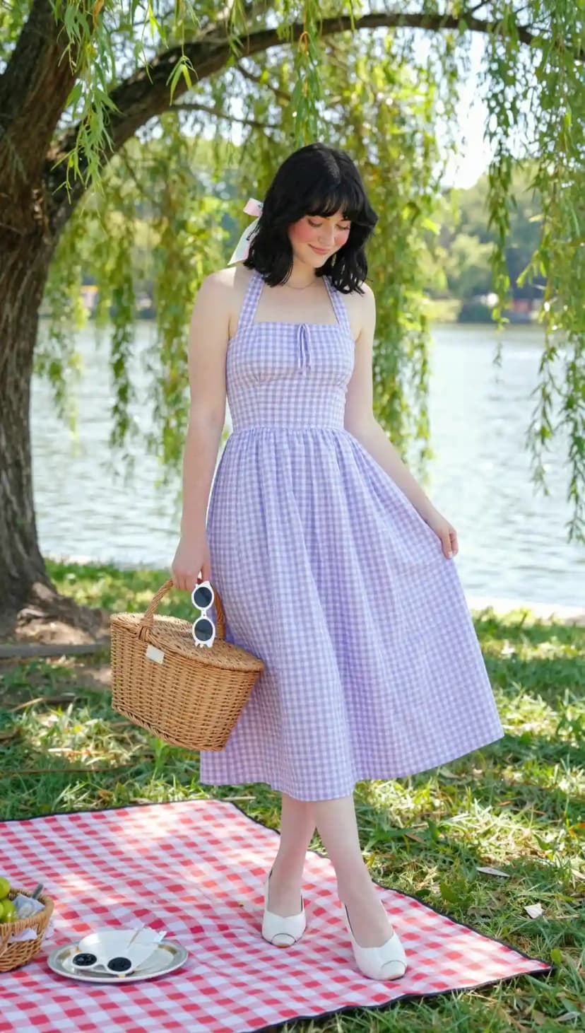Lavender Gingham Halter Dress + White Pointed-Toe Heels + Wicker Picnic Basket