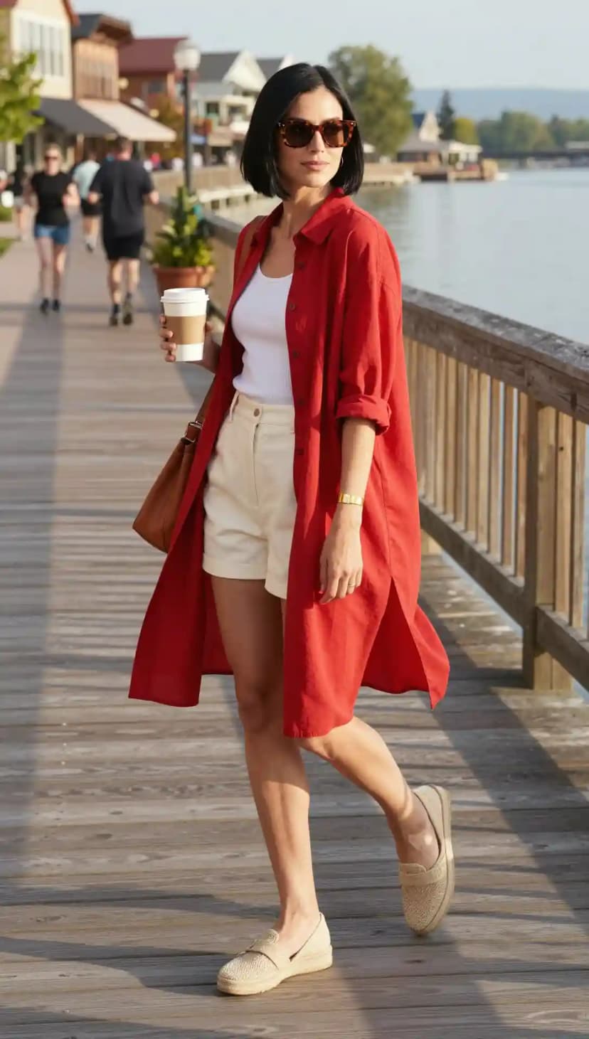 Red Linen Shirt Dress + Cream Shorts + White Tank Top