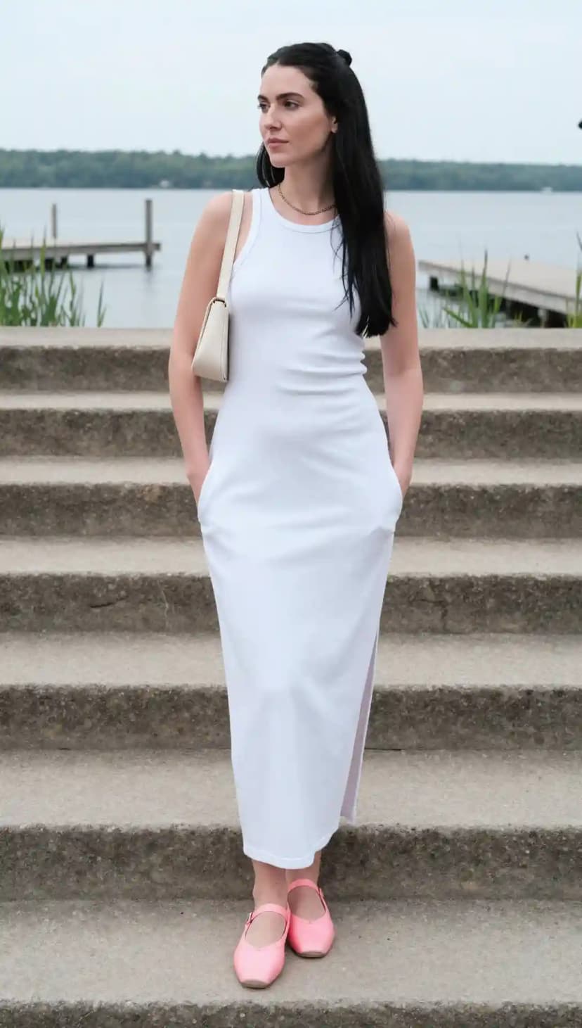 White Ribbed Tank Dress + Cream Shoulder Bag + Pink Ballet Flats