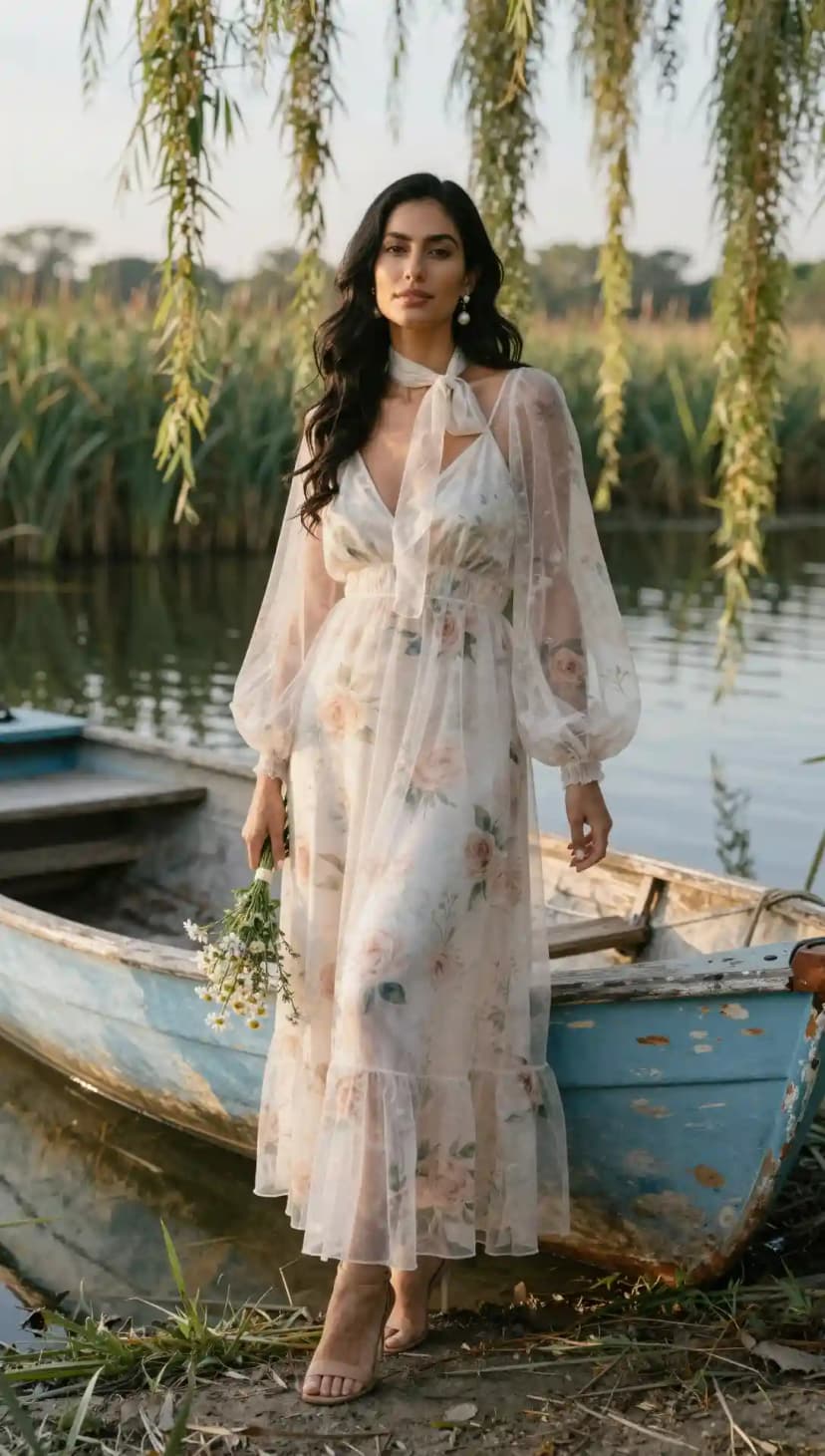 Sheer Floral Maxi Dress + Bow Neck Scarf