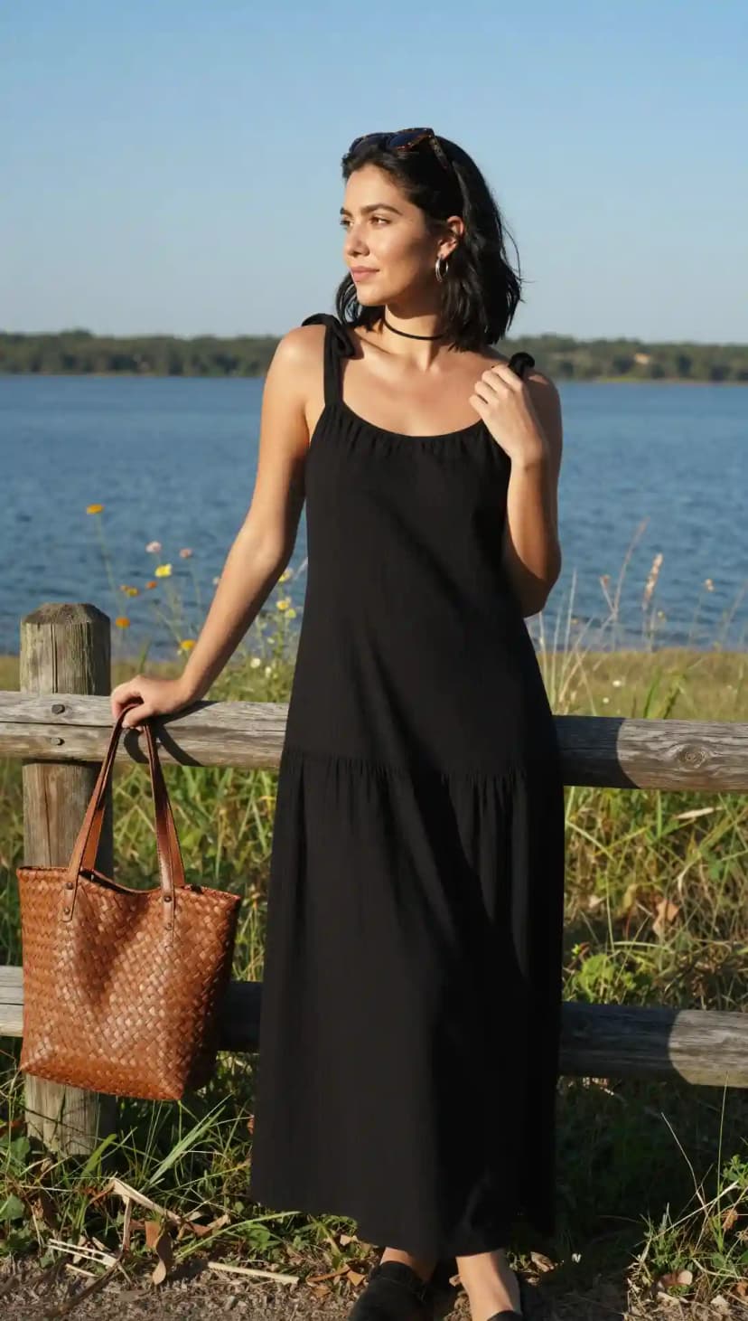 Black Tiered Maxi Dress + Woven Tote Bag + Black Slides