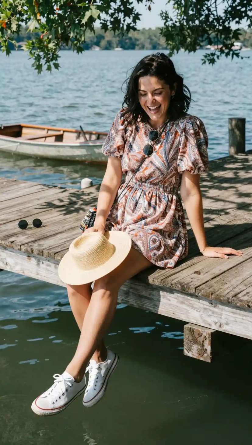 Paisley Print Mini Dress + White Sneakers + Straw Hat