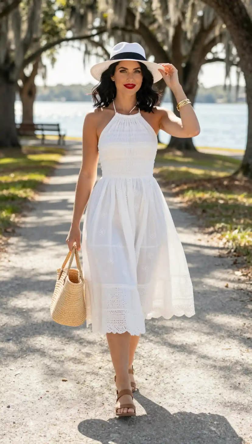 White Eyelet Sundress + Straw Tote Bag + White Fedora + Tan Sandals + Gold Bangles
