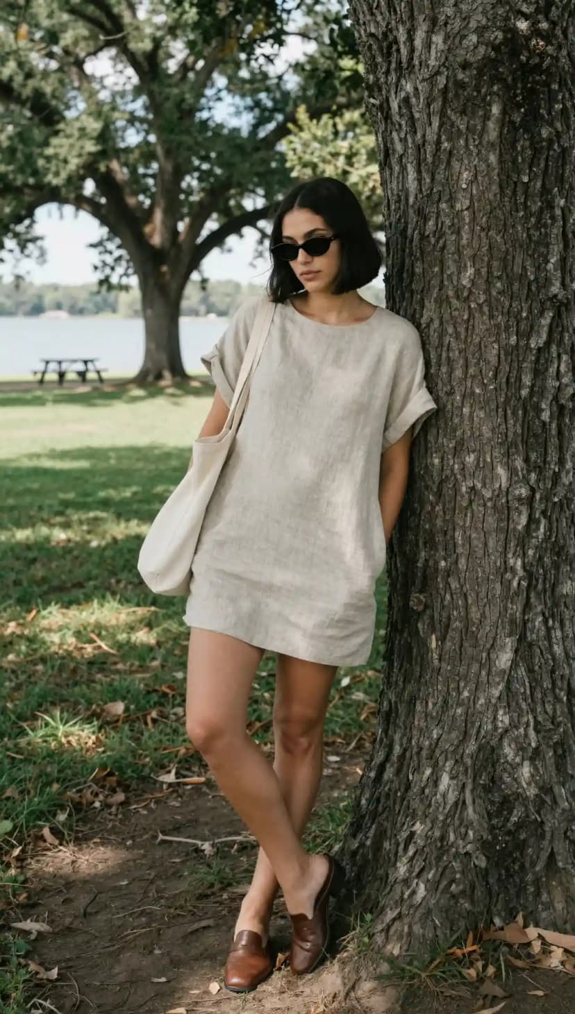 Linen Tunic Dress + Canvas Tote Bag + Loafer Mules
