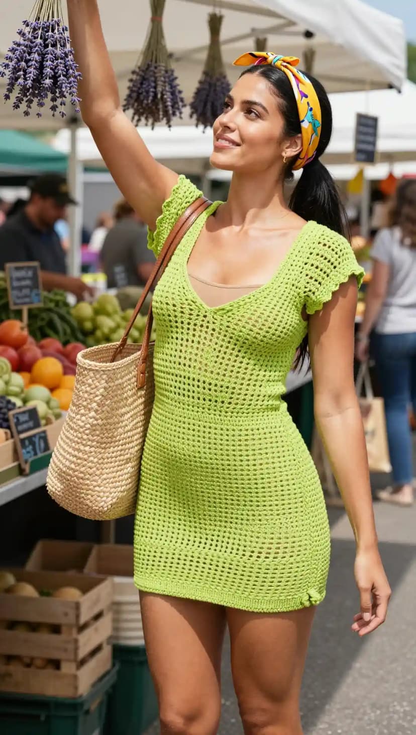 Lime Green Crochet Mini Dress + Straw Tote Bag + Printed Headscarf