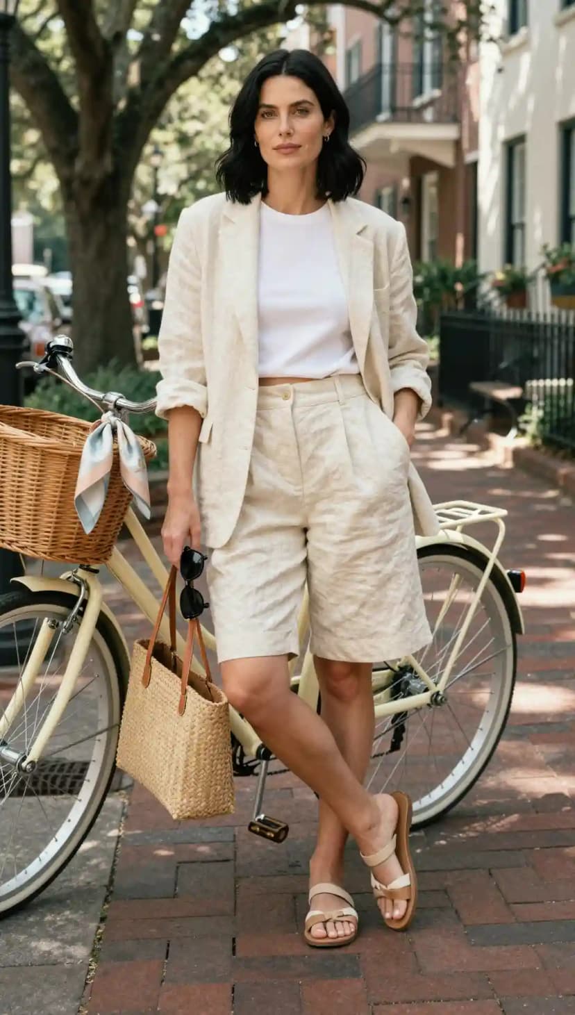 Cream Linen Blazer + Cream Linen Shorts + White T-Shirt