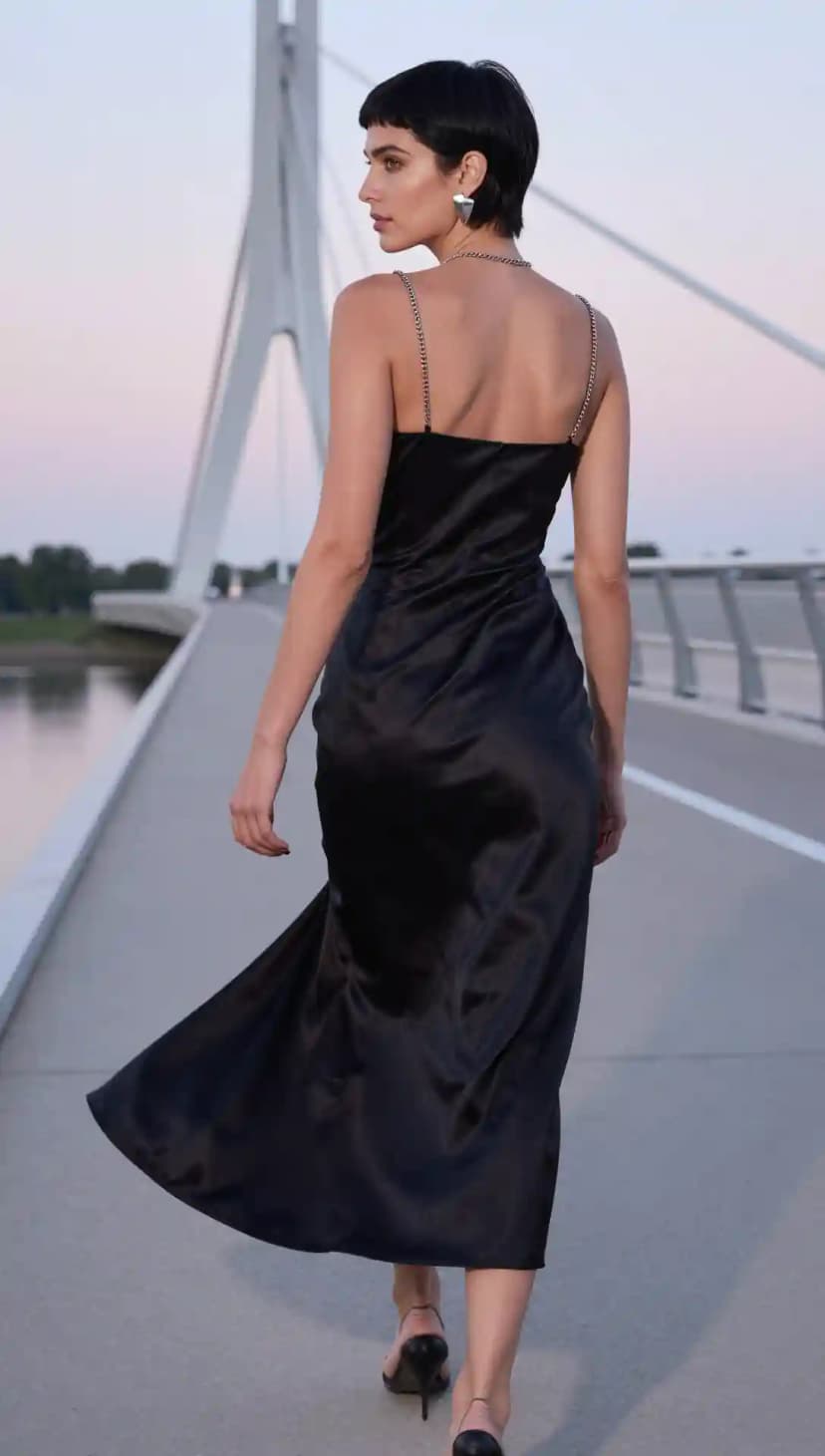Black Satin Slip Dress + Silver Chain Straps