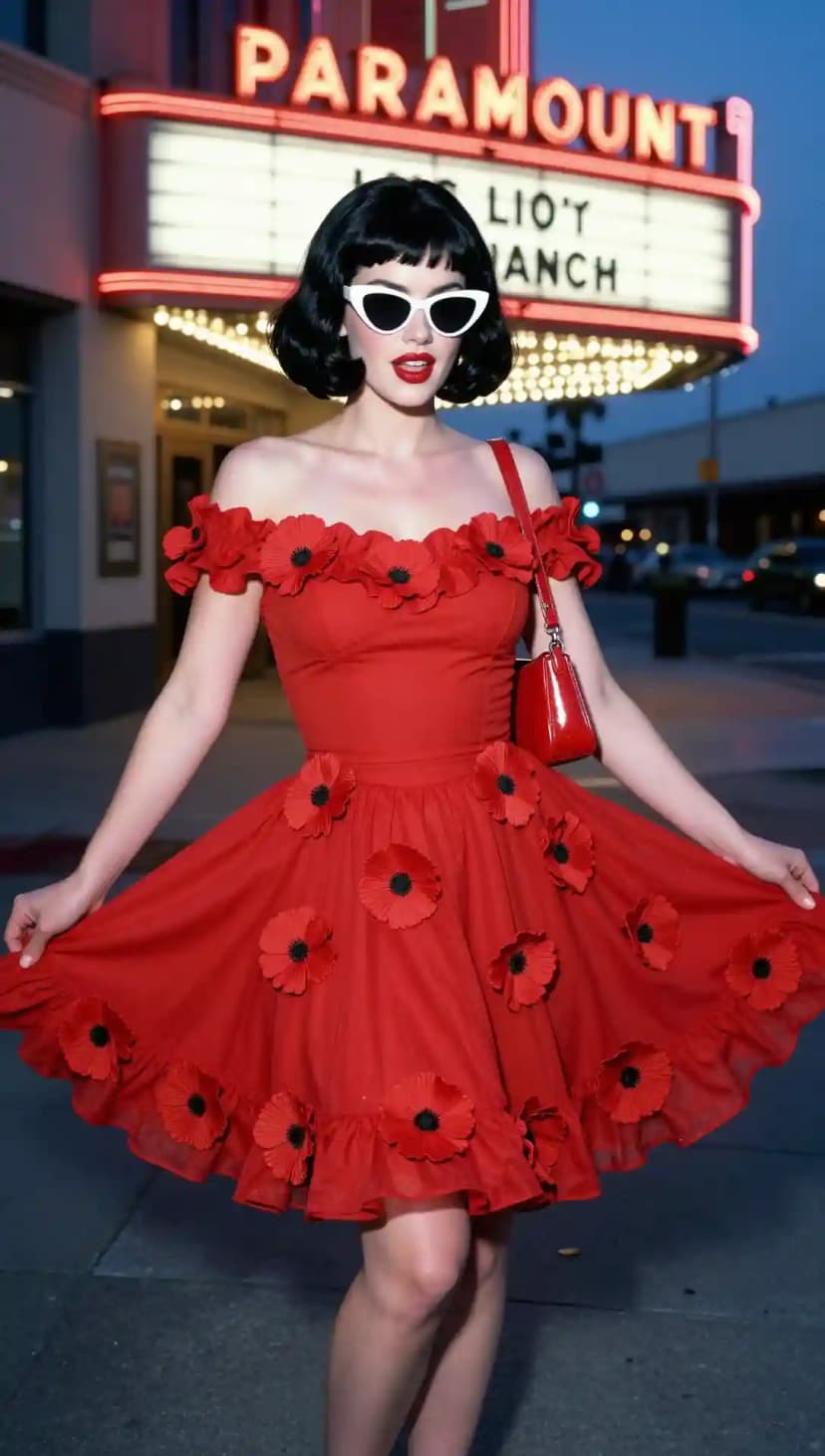 Red Off-the-Shoulder Floral Dress + White Cat-Eye Sunglasses + Red Patent Bag