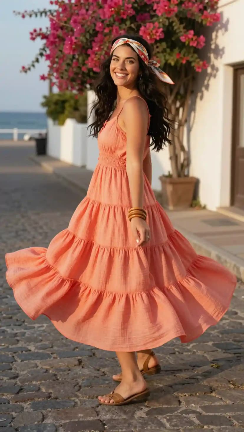 Peach Tiered Maxi Dress + Printed Silk Scarf