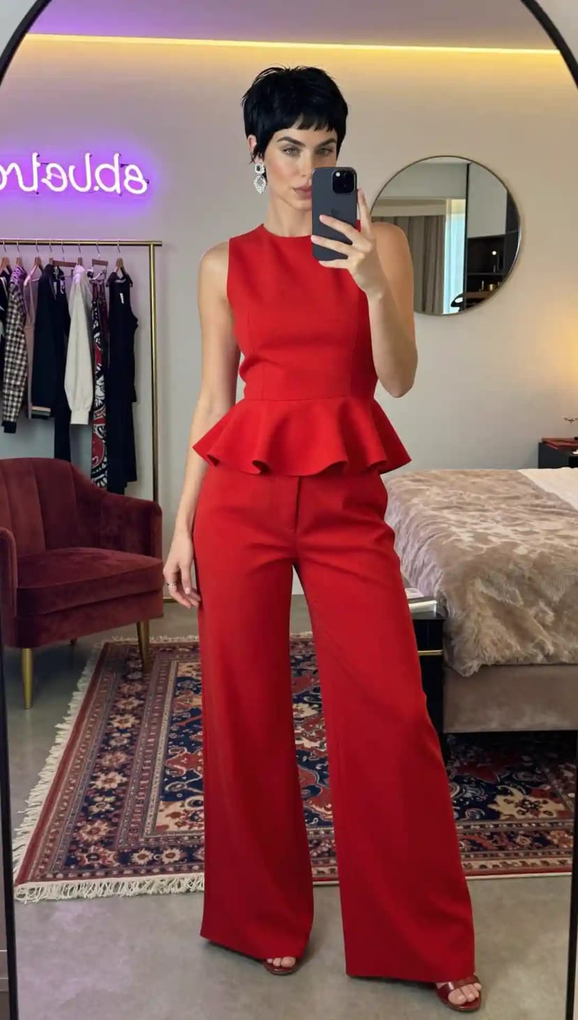 Red Peplum Top + Red Wide-Leg Pants