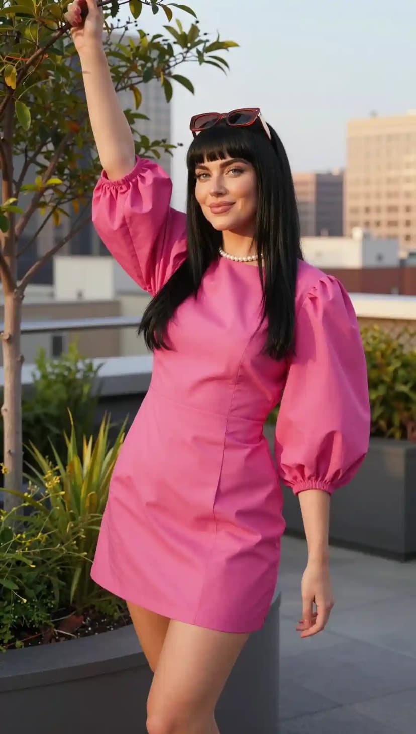 Hot Pink Puff Sleeve Mini Dress + Pearl Necklace + Tortoiseshell Sunglasses
