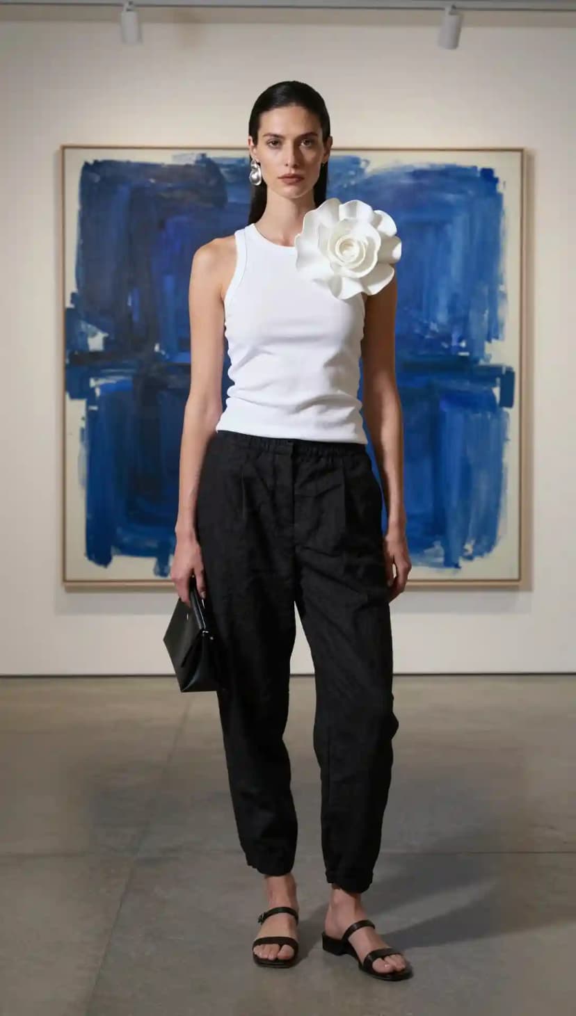 White Ribbed Tank Top + Statement Flower Brooch + Black Cropped Trousers
