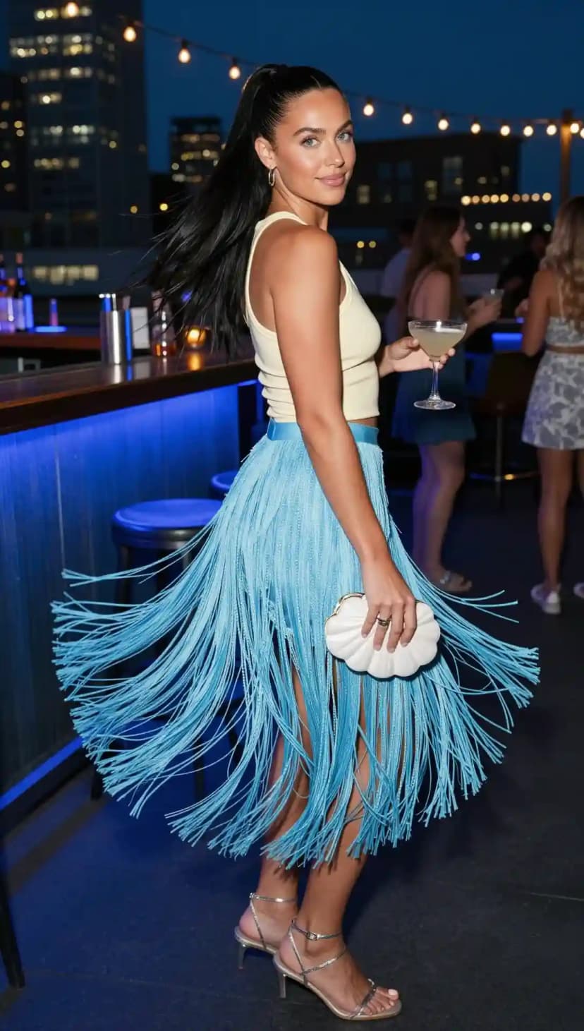 Yellow Cropped Tank Top + Blue Fringe Skirt + Silver Strappy Heels