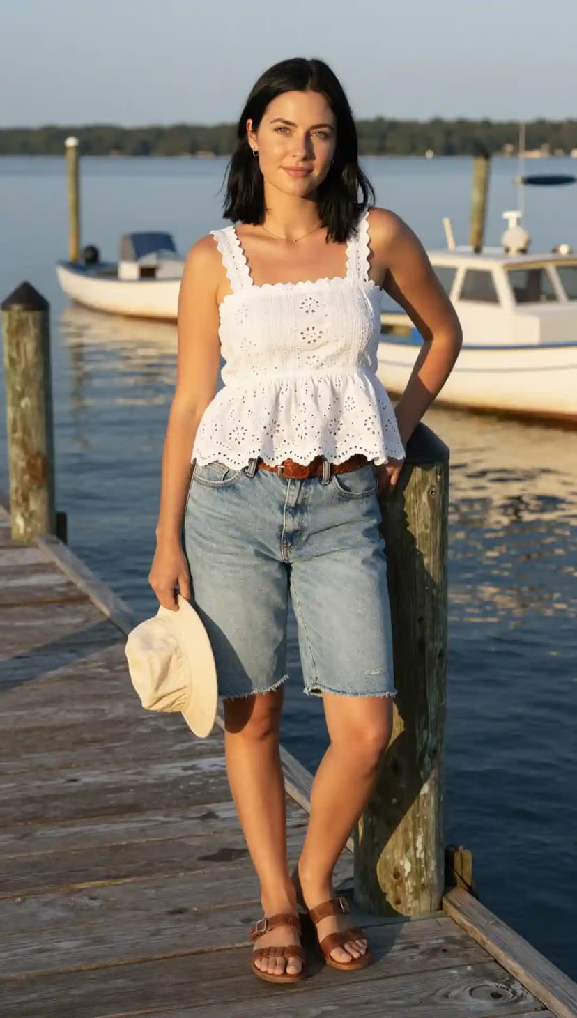 White Broderie Anglaise Crop Top + Light Wash Denim Bermudas + Brown Leather Belt + Tan Bucket Hat + Brown Leather Sandals