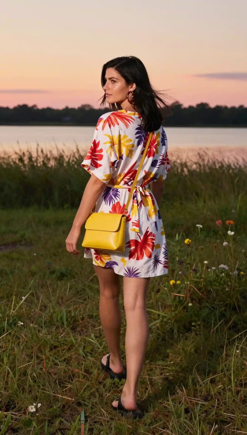 White Floral Print Mini Dress + Yellow Crossbody Bag + Black Slide Sandals