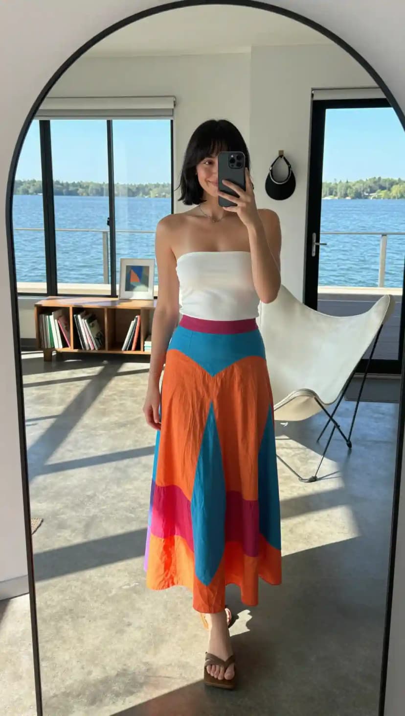 White Strapless Tube Top + Colorful Maxi Skirt + Brown Flip Flops