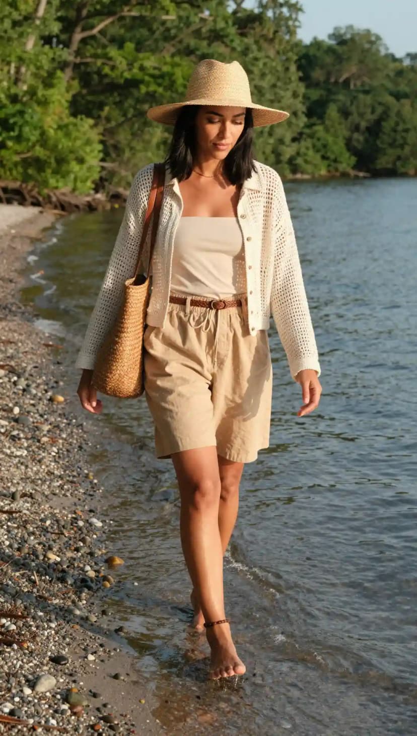 Cream Crochet Cardigan + Beige Bandeau Top + Tan Linen Shorts + Straw Hat