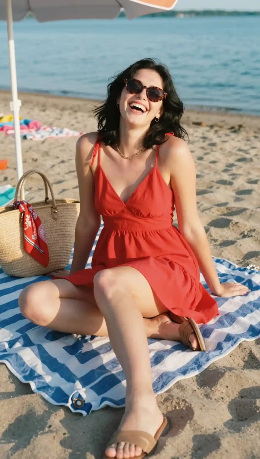 Red Linen Sundress + Straw Tote Bag + Tortoiseshell Sunglasses