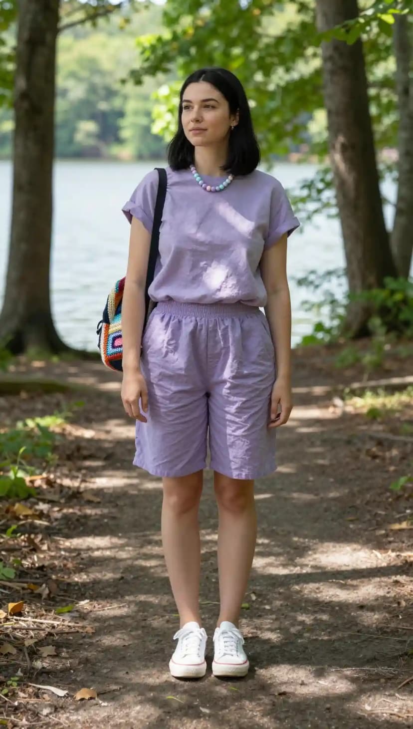 Lavender Linen Tee + Lavender Linen Shorts + White Canvas Sneakers