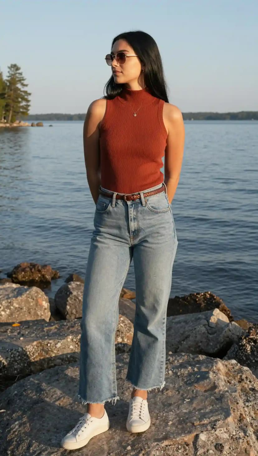 Rust Ribbed Mock Neck Top + Light Wash Cropped Jeans + Braided Belt